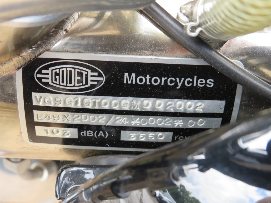 Godet-Egli-Vincent Sport GT Sells for £65,550 at Auction 1 Godet-Egli-Vincent Sport GT – close-up of the Godet Motorcycles nameplate with frame number
