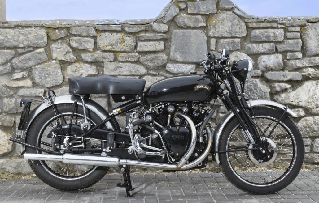 Godet-Egli-Vincent Sport GT Sells for £65,550 at Auction 3 Vincent Series C Black Shadow (1951) in front of a stone wall – the second Vincent lot at the Kempton Park auction