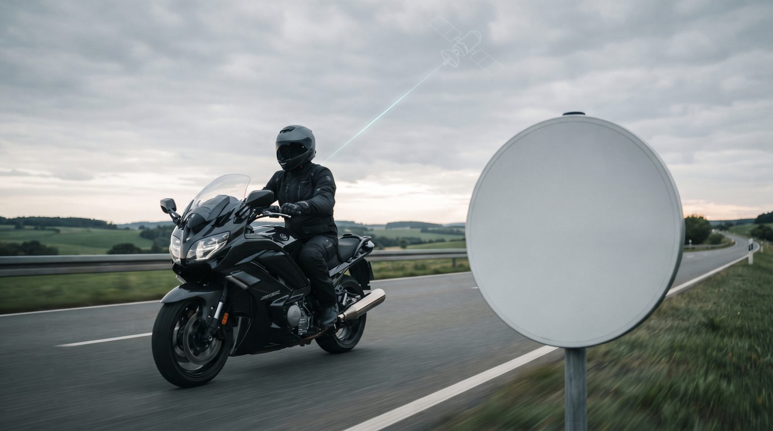 Motorradfahrer in schwarzer Schutzausruestung faehrt an einem leeren rundlichen Tempolimit-Schild auf einer Landstrasse vorbei, am bewoelkten Himmel symbolisiert ein Satelliten-Icon mit Leitstrahl die GPS-gestuetzte Geschwindigkeitsueberwachung