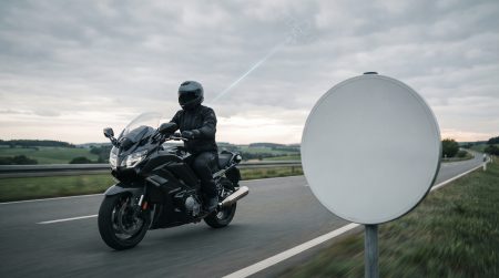 EU Considers Satellite Speed Brake: What It Means for Motorcyclists Motorradfahrer in schwarzer Schutzausruestung faehrt an einem leeren rundlichen Tempolimit-Schild auf einer Landstrasse vorbei, am bewoelkten Himmel symbolisiert ein Satelliten-Icon mit Leitstrahl die GPS-gestuetzte Geschwindigkeitsueberwachung