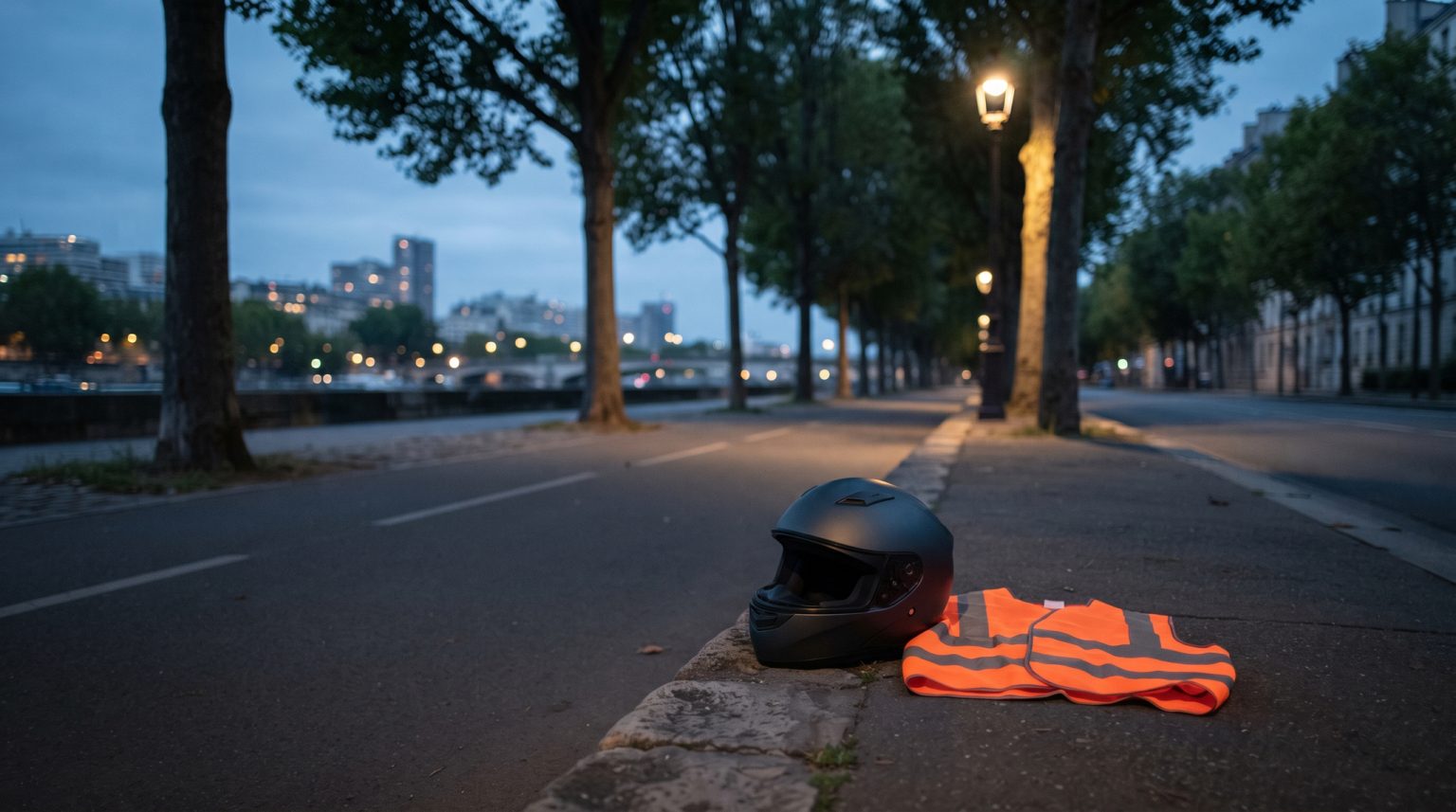 Leere Uferpromenade mit Radweg in der Abenddaemmerung, gesaeumt von Baeumen und einer beleuchteten Strassenlaterne, im Hintergrund Stadt-Skyline und Fluss - im Vordergrund liegen ein Motorradhelm und eine orangefarbene Sicherheitswarnweste auf dem Bordstein als stilles Mahnmal, keine Personen sichtbar (symbolisches KI-generiertes Stimmungsbild)