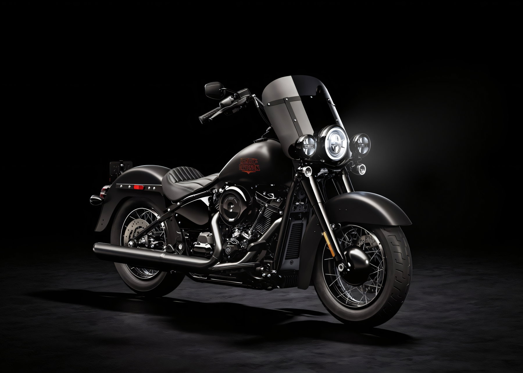 Harley-Davidson hebt Prognose an: Warum Europa das Problem bleibt 5 Harley-Davidson Deadwood – mattschwarzer Cruiser in Frontansicht schräg im Studio, mit Verkleidung, Windschild, Zusatzscheinwerfern und Milwaukee-Eight V2-Motor