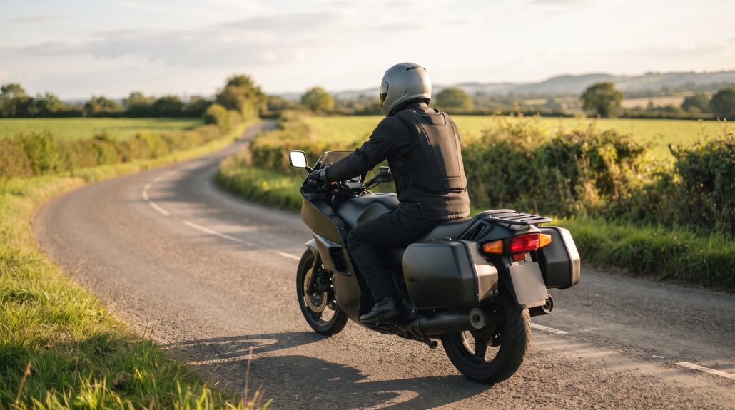 In&motion Emergency Call: Airbag ruft jetzt auch in Deutschland Hilfe 6 KI-generiertes Symbolbild: Motorradfahrer mit dunkler Schutzkleidung und sichtbarer Airbag-Sicherheitsweste auf einer kurvigen Landstraße im Gegenlicht der Abendsonne, keine Marken oder Logos erkennbar