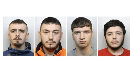 Vier Polizeifotos nebeneinander: die verurteilten Männer Marshall Thomas, Cameron Stevens, Brandon Carter und Sonnie Davies der Bande „The Repo Men“ aus Bristol