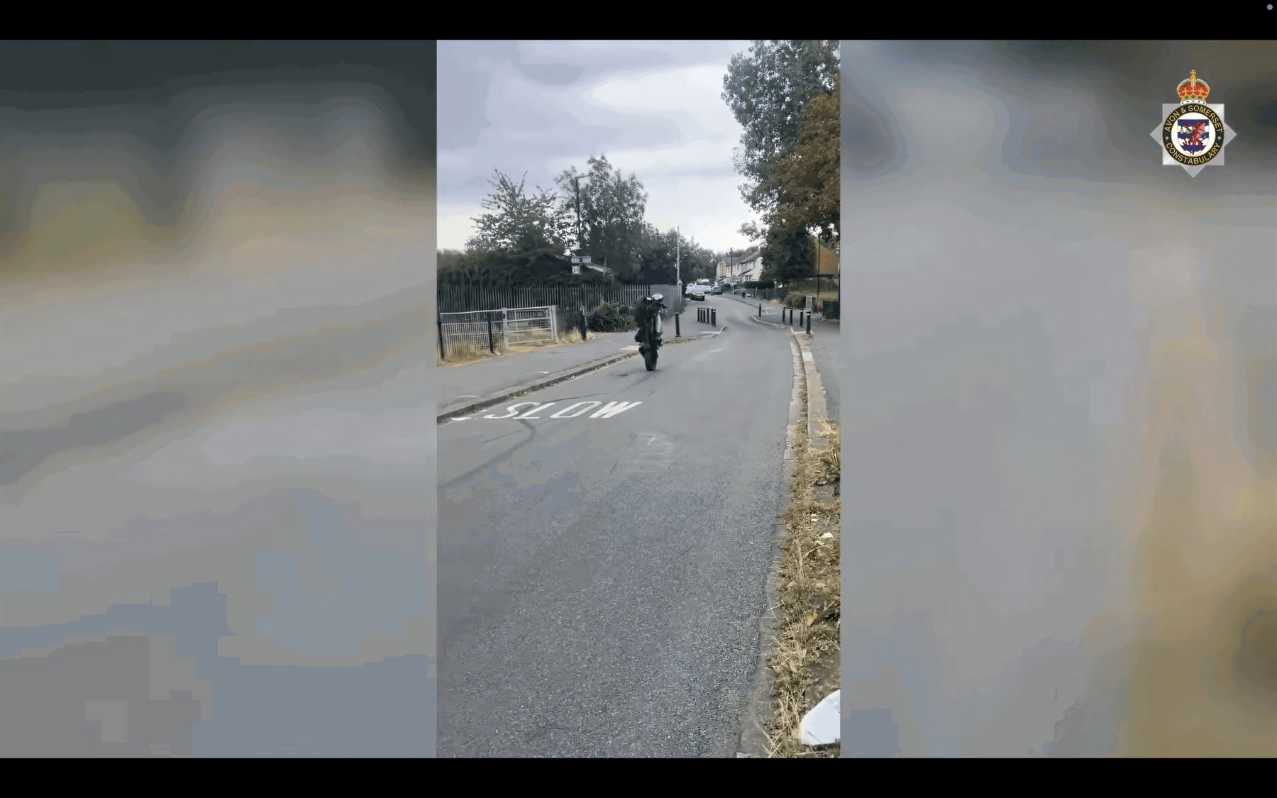 „The Repo Men“: Bristols Motorraddiebe prahlten sich ins Gefängnis 3 Von der Täterbande selbst gefilmtes Video (mit Wasserzeichen der Avon and Somerset Police): ein Fahrer vollführt einen Wheelie auf einem Motorrad auf einer ruhigen Wohnstraße mit Bäumen und einer Fahrbahnmarkierung „SLOW“