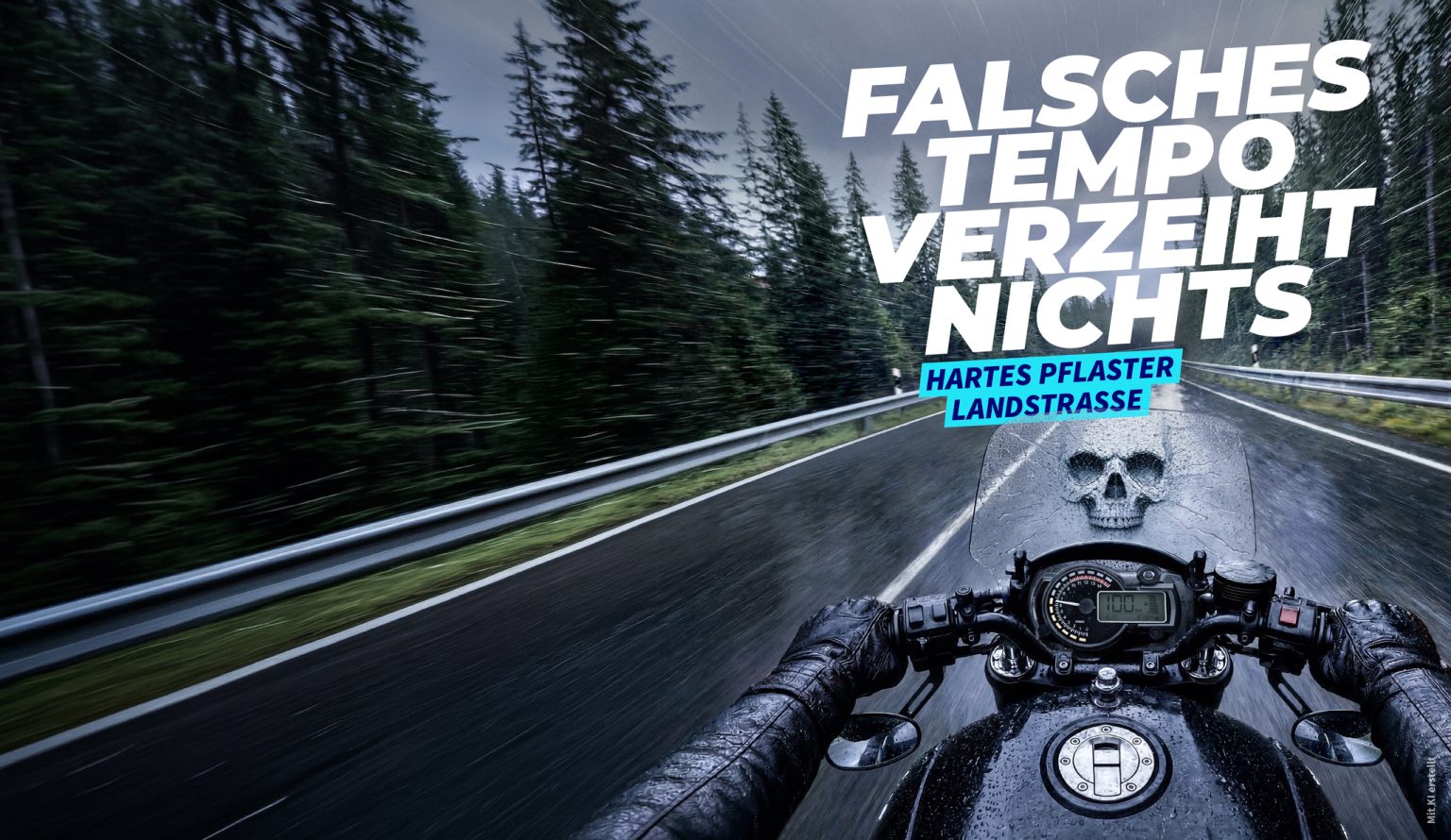 DVR-Kampagnenmotiv Falsches Tempo verzeiht nichts: Fahrt auf regennasser Landstrasse aus Motorradfahrer-Perspektive, Totenkopf auf der Windschutzscheibe, Kampagne Hartes Pflaster Landstrasse 2026 (KI-generiertes DVR-Kampagnenmotiv)