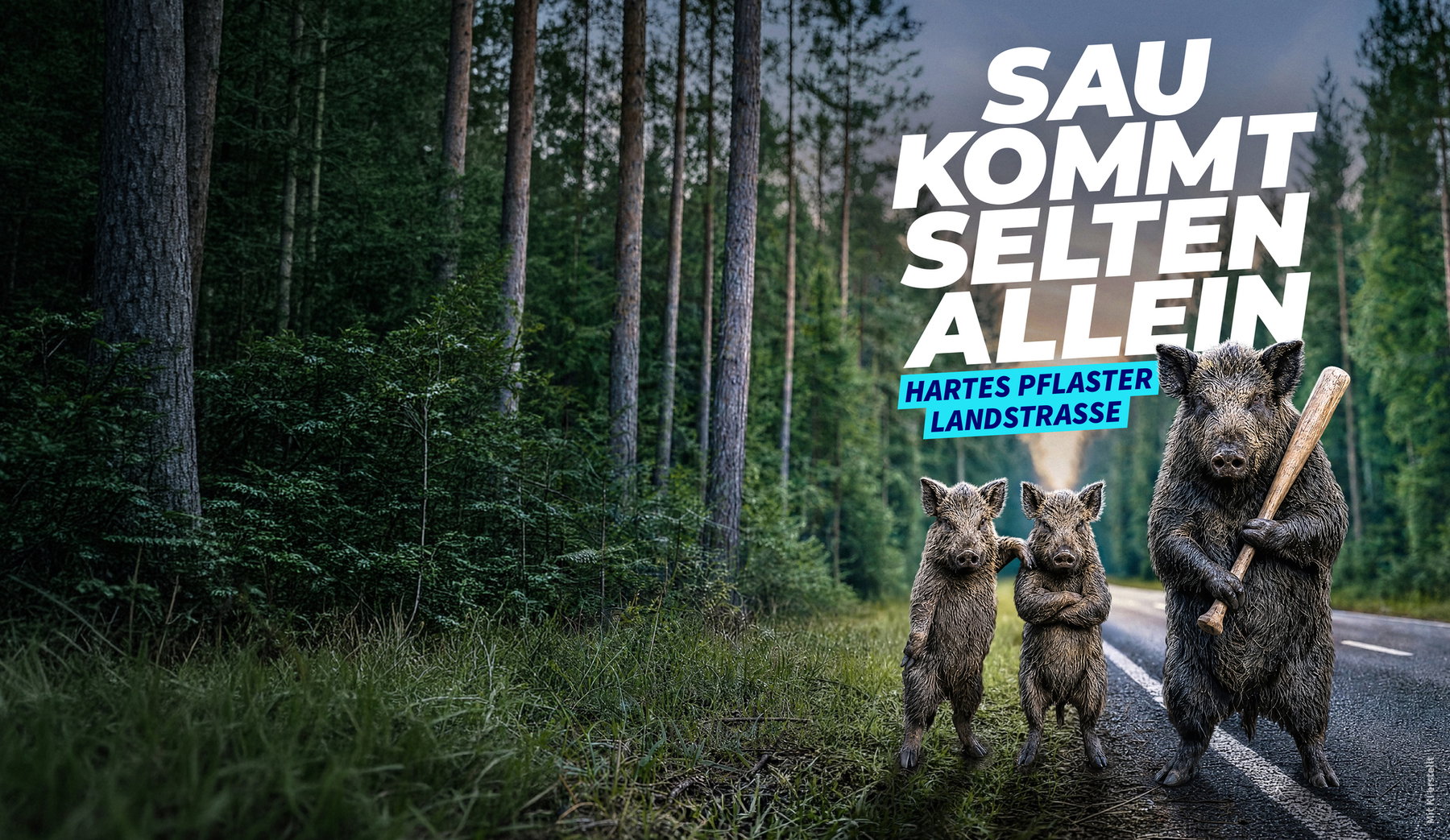 Nicht angepasste Geschwindigkeit: Raser oder Fahrfehler? 4 Drei Wildschweine auf einer Landstraße als Sinnbild für plötzlich auftretende Gefahren