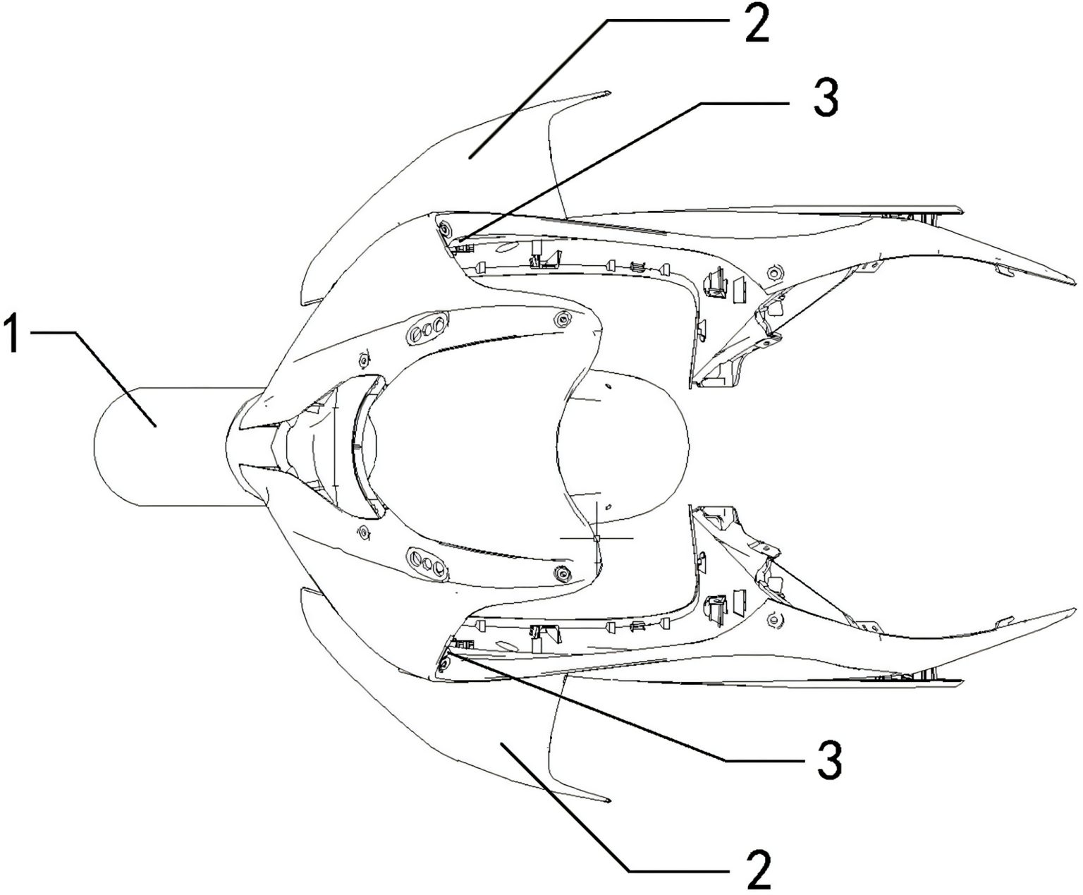 QJMotor kontert CFMoto: Patent zeigt bewegliche Winglets fürs Superbike Technische Patentzeichnung von QJMotor: Draufsicht auf den vorderen Bereich eines Superbikes mit beweglichen, zurückgepfeilten Winglets, nummerierten Bauteilen (1 Frontverkleidung, 2 Winglets, 3 Steuerungsmechanismus) zur separaten Ansteuerung links und rechts