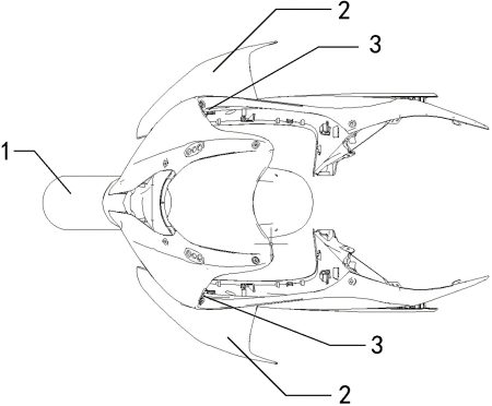Technische Patentzeichnung von QJMotor: Draufsicht auf den vorderen Bereich eines Superbikes mit beweglichen, zurückgepfeilten Winglets, nummerierten Bauteilen (1 Frontverkleidung, 2 Winglets, 3 Steuerungsmechanismus) zur separaten Ansteuerung links und rechts
