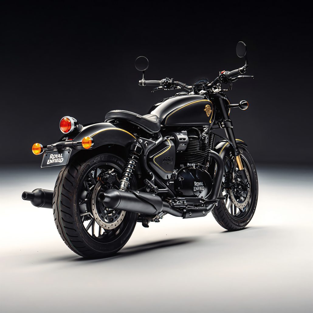 Royal Enfield Shotgun 650 x Rough Crafts – Studio-Heckdreiviertelansicht in Schwarz mit Goldakzenten