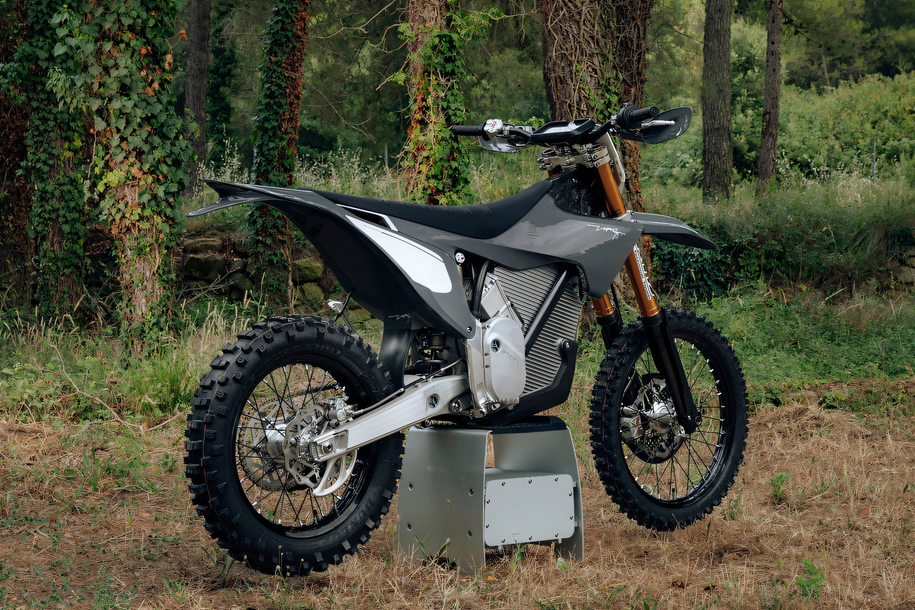Stark Varg EX Factory Edition 2026 – Standaufnahme seitlich in Forest Grey vor Waldkulisse