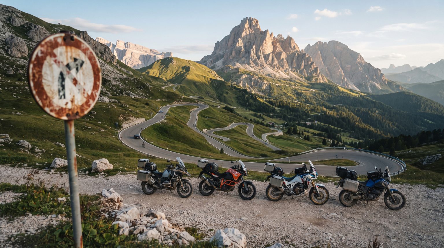 Südtirol verbietet organisierte Ausfahrten: Was jetzt noch erlaubt ist Vier Adventure-Motorräder geparkt an einem verwitterten Verbotsschild oberhalb einer Dolomiten-Passstrasse mit markanten Serpentinen und schroffem Bergpanorama im Abendlicht