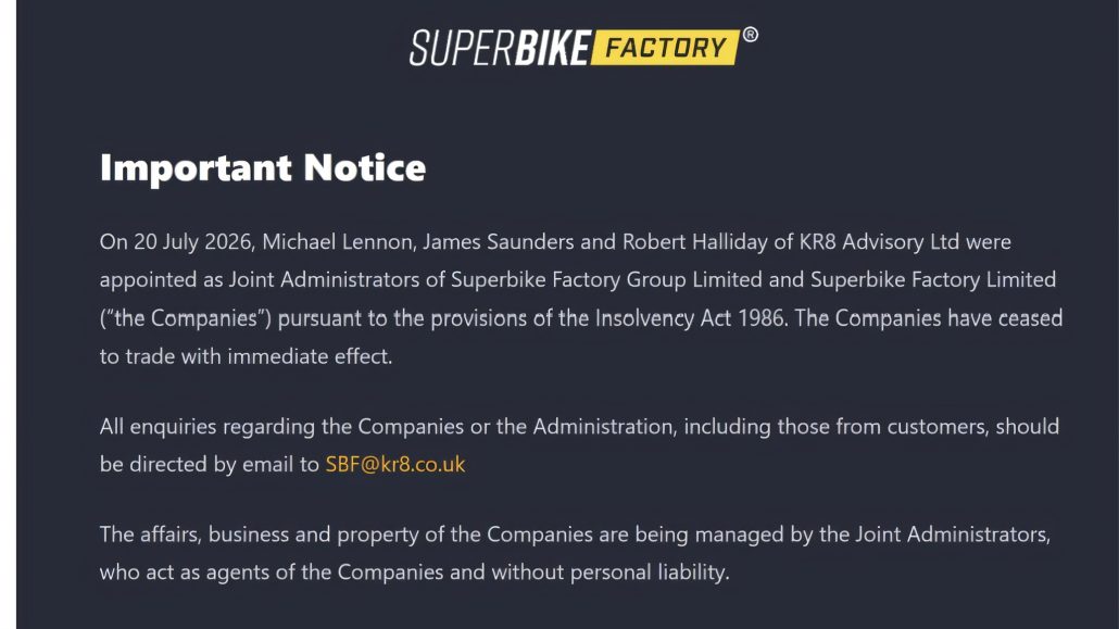 SuperBike Factory ist insolvent: Das bedeutet es für Motorradfahrer 1 Screenshot der offiziellen Insolvenzmitteilung auf der SuperBike-Factory-Website vom 20. Juli 2026 mit Namen der eingesetzten Insolvenzverwalter von KR8 Advisory Ltd