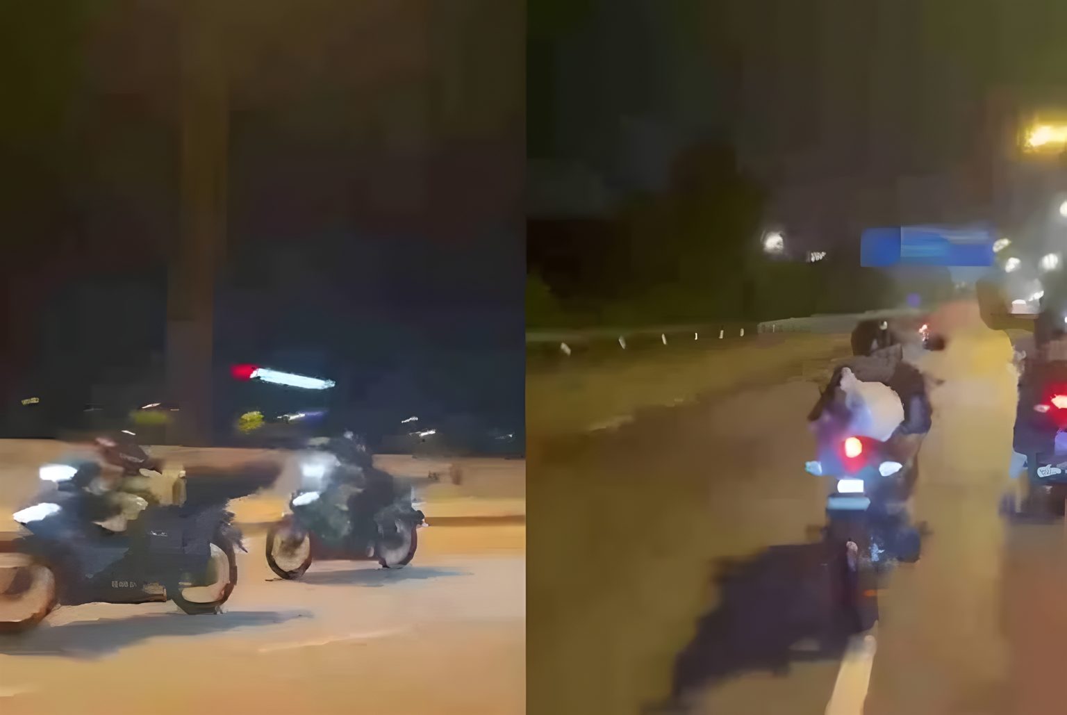 Superman Trick on a Motorcycle: Three Women Arrested in Malaysia Standbild aus dem viralen 48-Sekunden-Video: Links zwei Motorradfahrer nachts unter einer Autobahnbrücke auf dem Kuantan Bypass, rechts ein Fahrer in weißem Shirt, der flach auf dem fahrenden Motorrad liegt und Arme sowie Beine ausstreckt (Superman-Stunt) auf regennasser Fahrbahn, im Hintergrund ein weiterer Fahrer und ein blaues Autobahnschild.