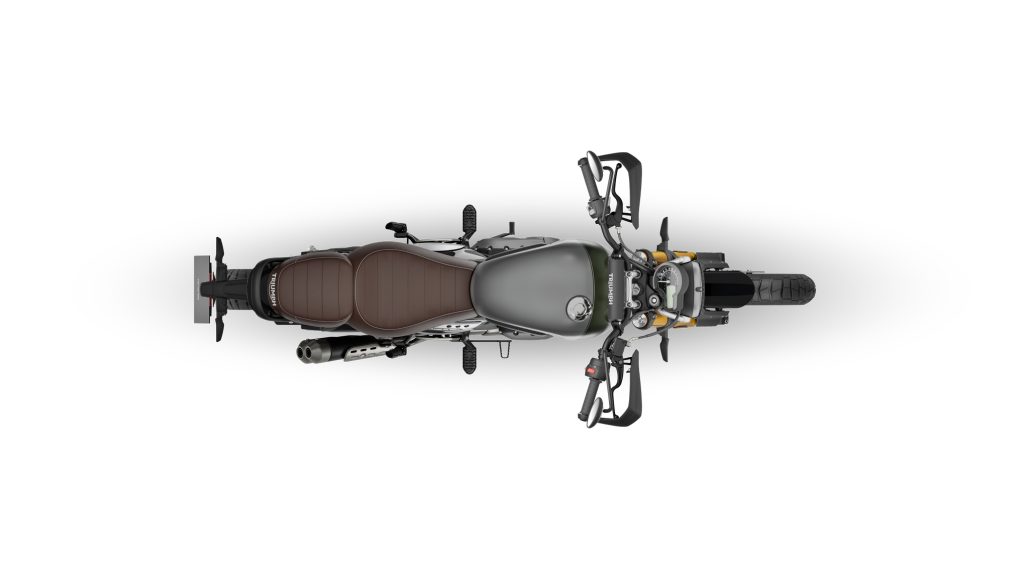 Triumph 2027: Neue Farben für sechs Modelle und was sie kosten 5 Triumph Scrambler 400 X 2027 in Matt Pewter Grey mit Matt Khaki Green – Draufsicht vor weißem Studiohintergrund