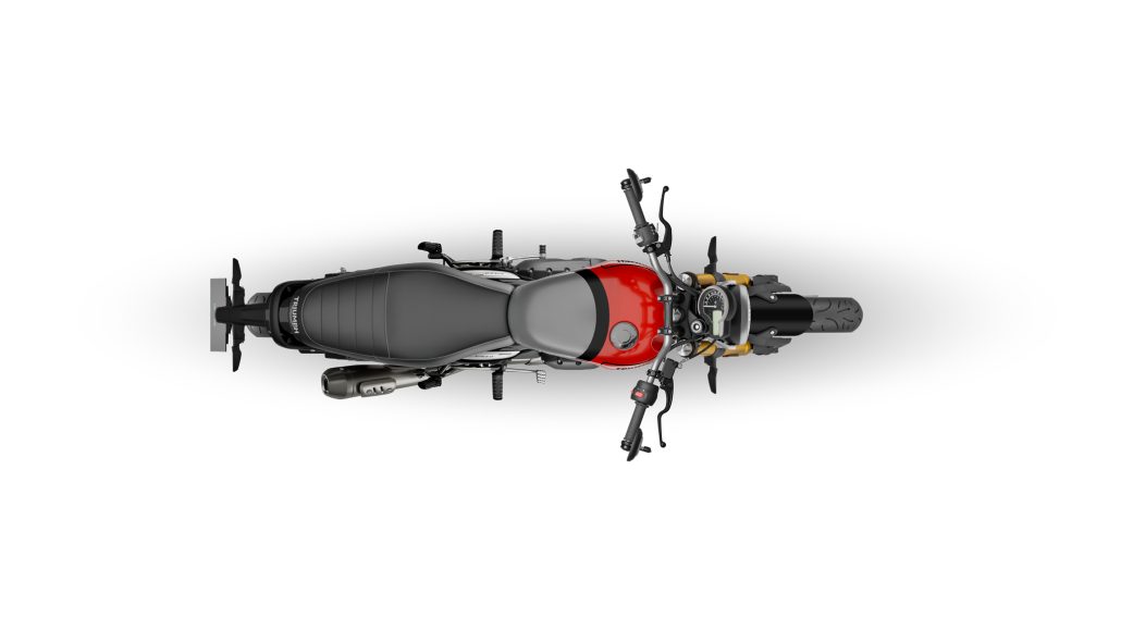 Triumph 2027: Neue Farben für sechs Modelle und was sie kosten 3 Triumph Speed 400 2027 in Racing Red und Pewter Grey – Draufsicht vor weißem Studiohintergrund