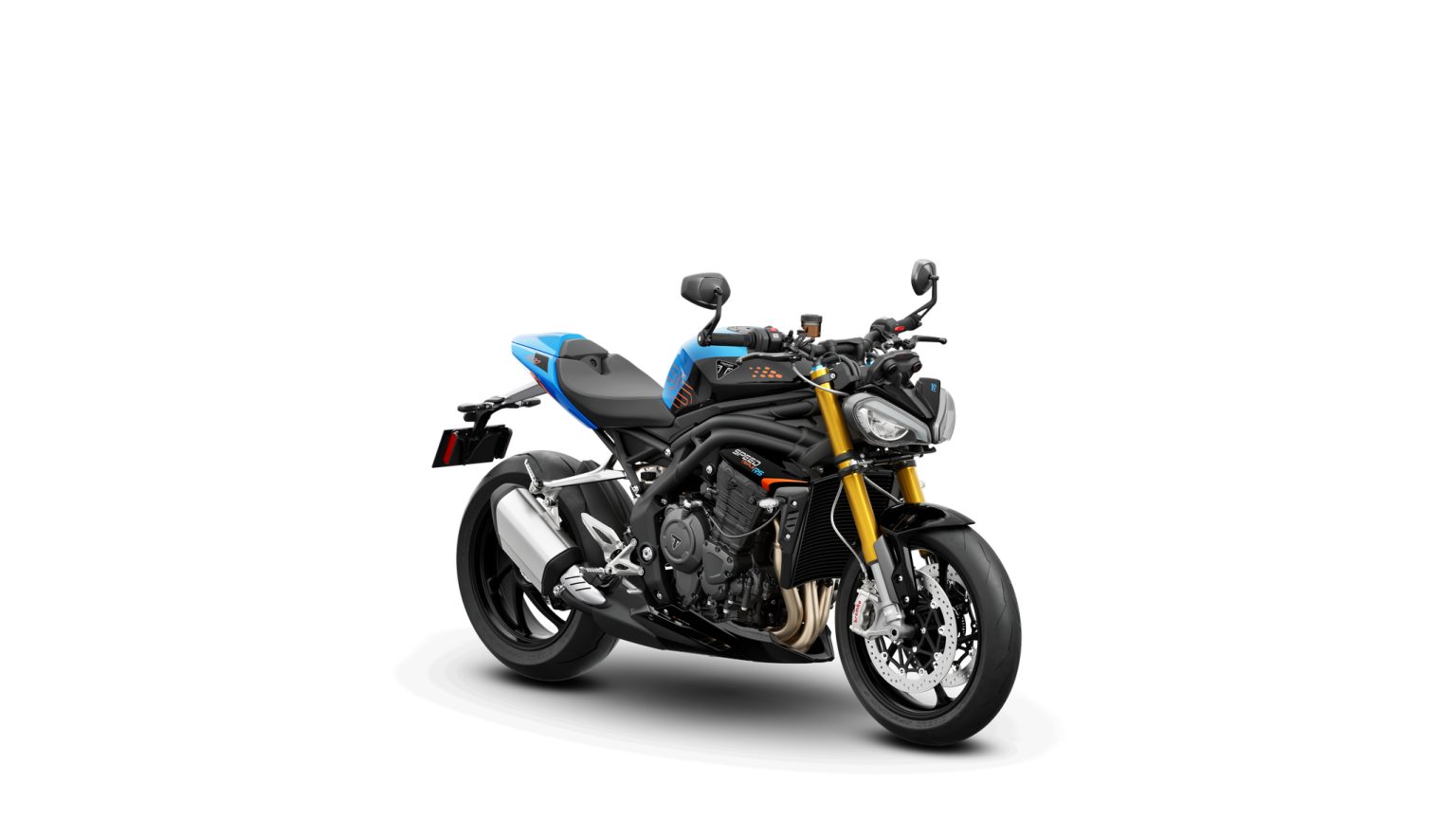 Triumph trennt Vertrieb und Marketing: BMW-UK-Chef George kommt Triumph Speed Triple 1200 RS 2027 in Jet Black und Maui Blue – Dreiviertel-Frontansicht von rechts vor weißem Studiohintergrund