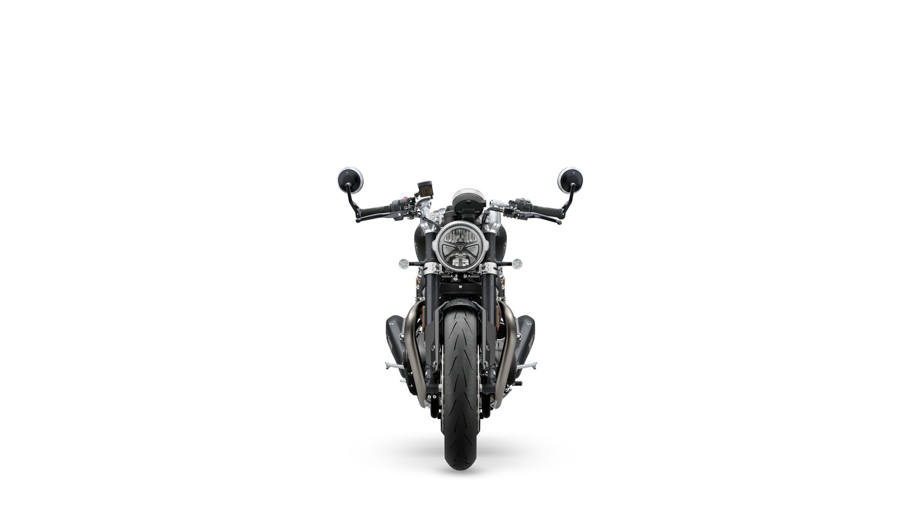 Triumph Speed Twin 1200 TFC: 750er-Sonderserie mit Öhlins und Akrapovič 1 Triumph Speed Twin 1200 TFC 2027 – Frontansicht vor weißem Studiohintergrund mit rundem LED-Scheinwerfer, Clip-on-Lenker und Lenkerendspiegeln