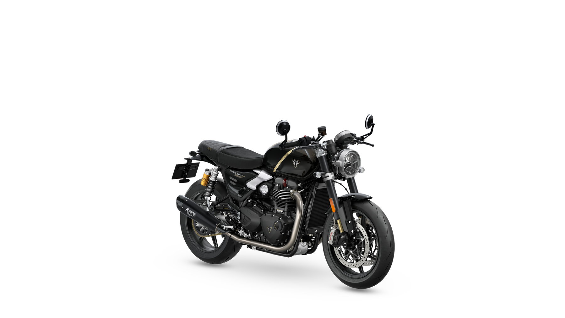 Triumph Speed Twin 1200 TFC: 750er-Sonderserie mit Öhlins und Akrapovič 5 Triumph Speed Twin 1200 TFC 2027 – rechte Seite in schräger Frontansicht im Betonstudio mit Öhlins-Gabel, Brembo-Bremse und Lenkerendspiegeln
