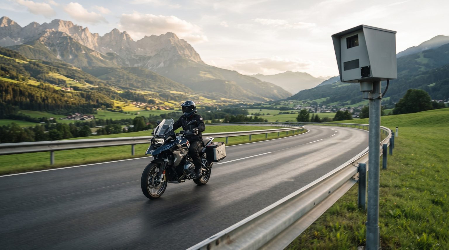 Verkehrsstrafen in Österreich 2027: Bundesweit gleich und teurer Tourenmotorrad faehrt auf einer kurvigen oesterreichischen Alpenstrasse an einer Radarbox zur Geschwindigkeitsueberwachung vorbei, im Hintergrund gruene Berge.