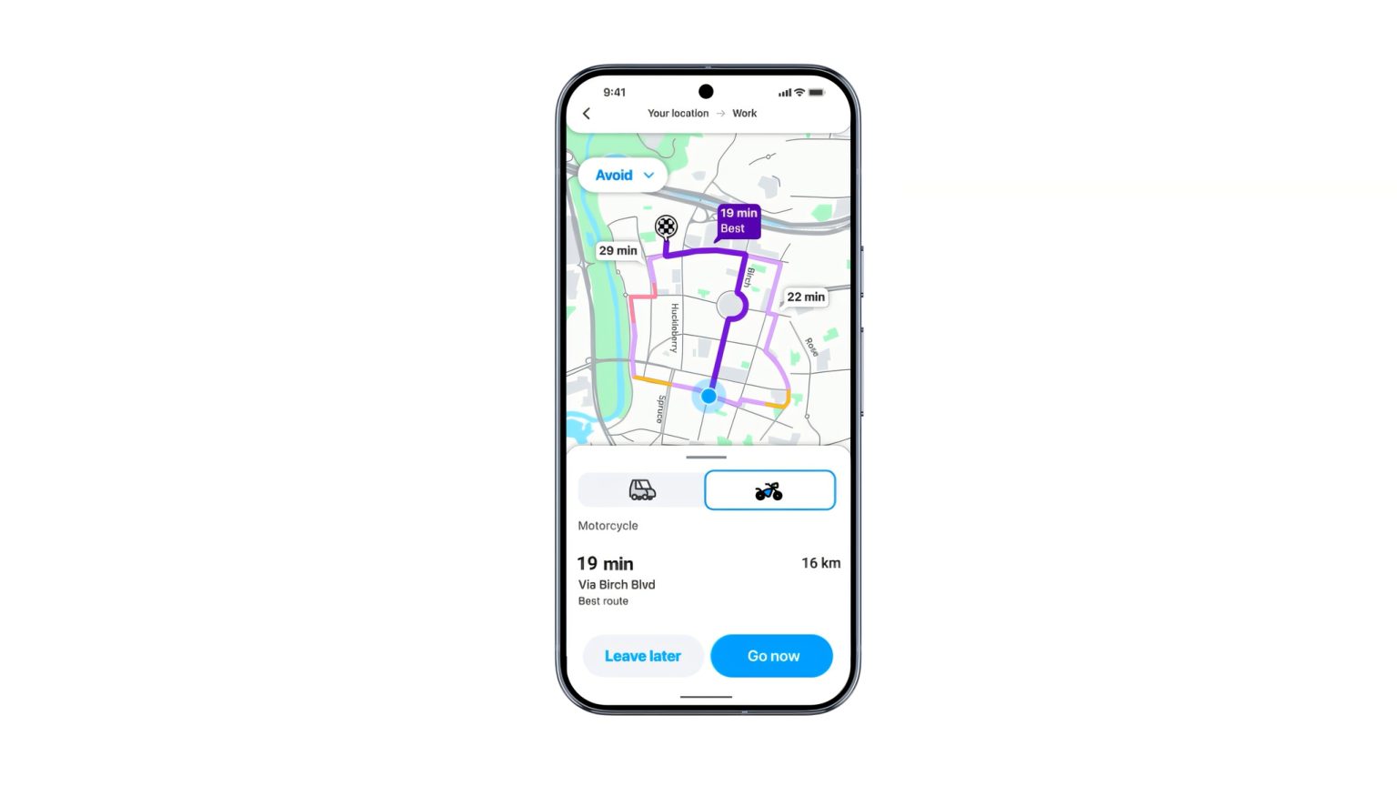 Waze startet KI-Motorradmodus: Deutschland muss noch warten Waze Motorradmodus 2026 - Screenshot der Routenansicht mit aktiviertem Motorrad-Symbol, violetter Route und Ankunftszeit 19 Minuten