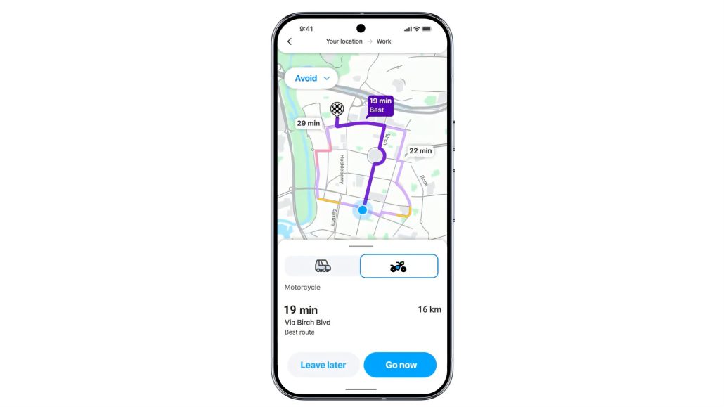 Waze startet KI-Motorradmodus: Deutschland muss noch warten 1 Waze Motorradmodus 2026 - Screenshot der Navigations-App mit ausgewaehltem Motorrad-Modus, violetter Routenfuehrung und 16 Kilometer langer Strecke