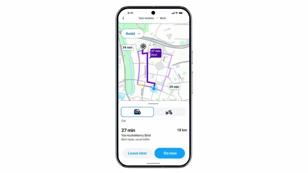 Waze startet KI-Motorradmodus: Deutschland muss noch warten 3 Waze Motorradmodus 2026 - Screenshot der Routenansicht mit ausgewaehltem Auto-Modus, violetter Route und Ankunftszeit 27 Minuten
