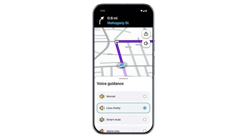 Waze startet KI-Motorradmodus: Deutschland muss noch warten 4 Waze Motorradmodus 2026 - Grossansicht der Sprachansagen-Einstellungen mit aktiviertem Less-Chatty-Modus waehrend der Navigation auf der Mahogany Street