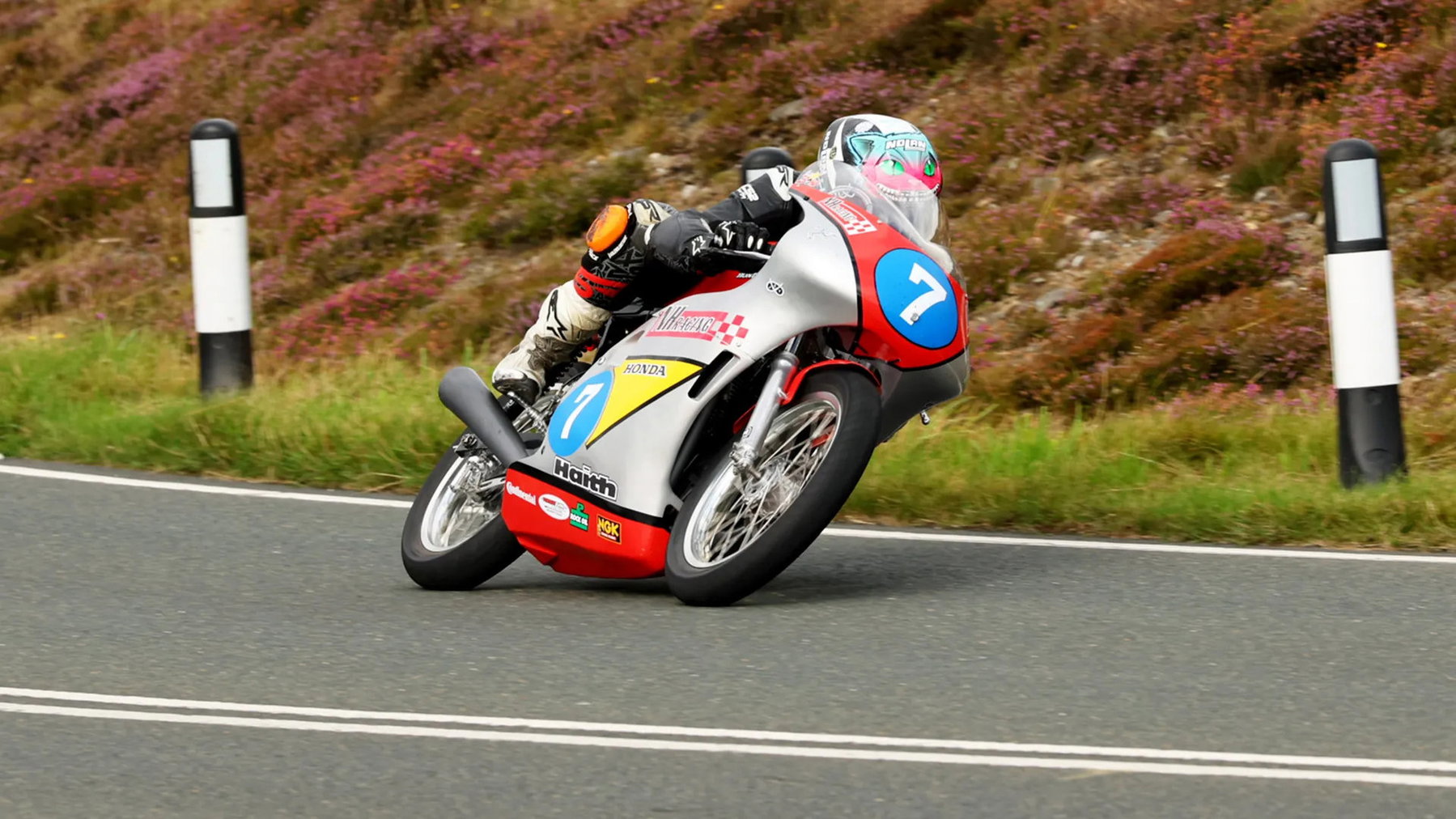 Classic TT 2026: Rennen vorgezogen, Finale steigt am Dienstag 6 Dominic Herbertson in Schräglage auf der silber-roten Honda mit Startnummer 7 vor blühendem Heidekraut auf dem Mountain Course – Historic Junior, Classic TT 2026