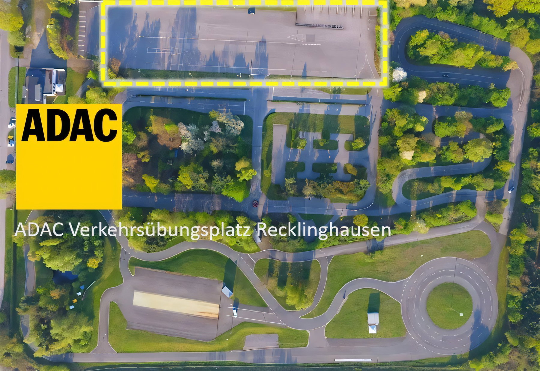 Motorcycle Braking Distance: Every Second Rider Is Off by Metres 1 Luftbildgrafik des ADAC Verkehrsübungsplatzes Recklinghausen mit ADAC-Logo und Beschriftung, gelb gestrichelt markierter Flächenbereich am oberen Bildrand, umgeben von Rundkursen, Kreisverkehrsübungsfläche, Parkplätzen und Grünflächen