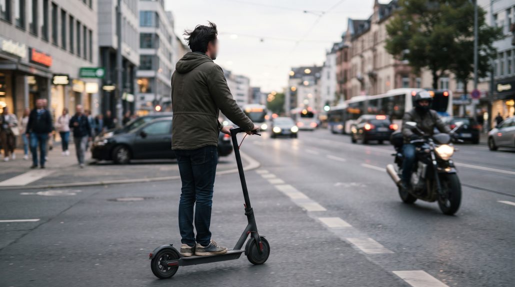 E-Scooter-Studie: Hirnverletzungen häufiger als bei Motorradfahrern 3 E-Scooter-Fahrer ohne Helm im dichten innerstädtischen Verkehr, im Hintergrund ein Motorradfahrer mit Helm zwischen Autos und Bussen