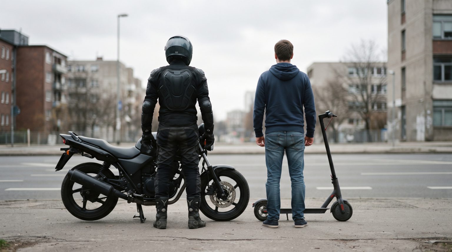 E-Scooter-Studie: Hirnverletzungen häufiger als bei Motorradfahrern Gegenüberstellung von Rücken: links ein Motorradfahrer in voller Schutzmontur mit Helm, Protektorenjacke und Stiefeln neben seinem Motorrad, rechts ein E-Scooter-Fahrer in Alltagskleidung ohne jede Schutzausrüstung neben seinem E-Scooter