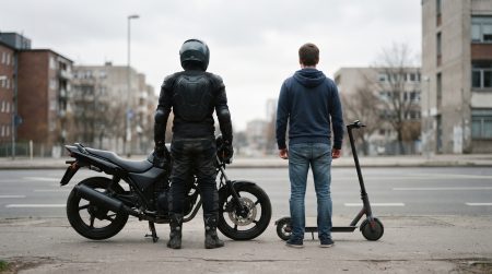 Gegenüberstellung von Rücken: links ein Motorradfahrer in voller Schutzmontur mit Helm, Protektorenjacke und Stiefeln neben seinem Motorrad, rechts ein E-Scooter-Fahrer in Alltagskleidung ohne jede Schutzausrüstung neben seinem E-Scooter