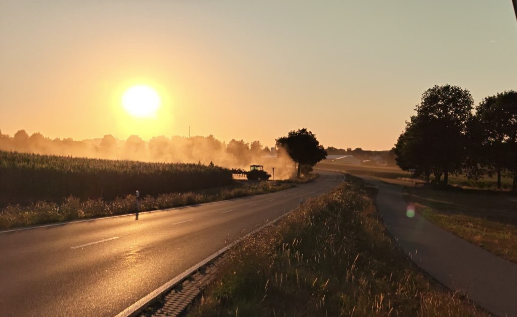 Erntezeit: Warum Feldzufahrten für Motorradfahrer jetzt riskant sind 1 Landstraße im Gegenlicht der Abendsonne, links ein Maisfeld, an der Feldzufahrt ein grüner Traktor mit Anbaugerät, aufgewirbelter Staub zieht über die Fahrbahn
