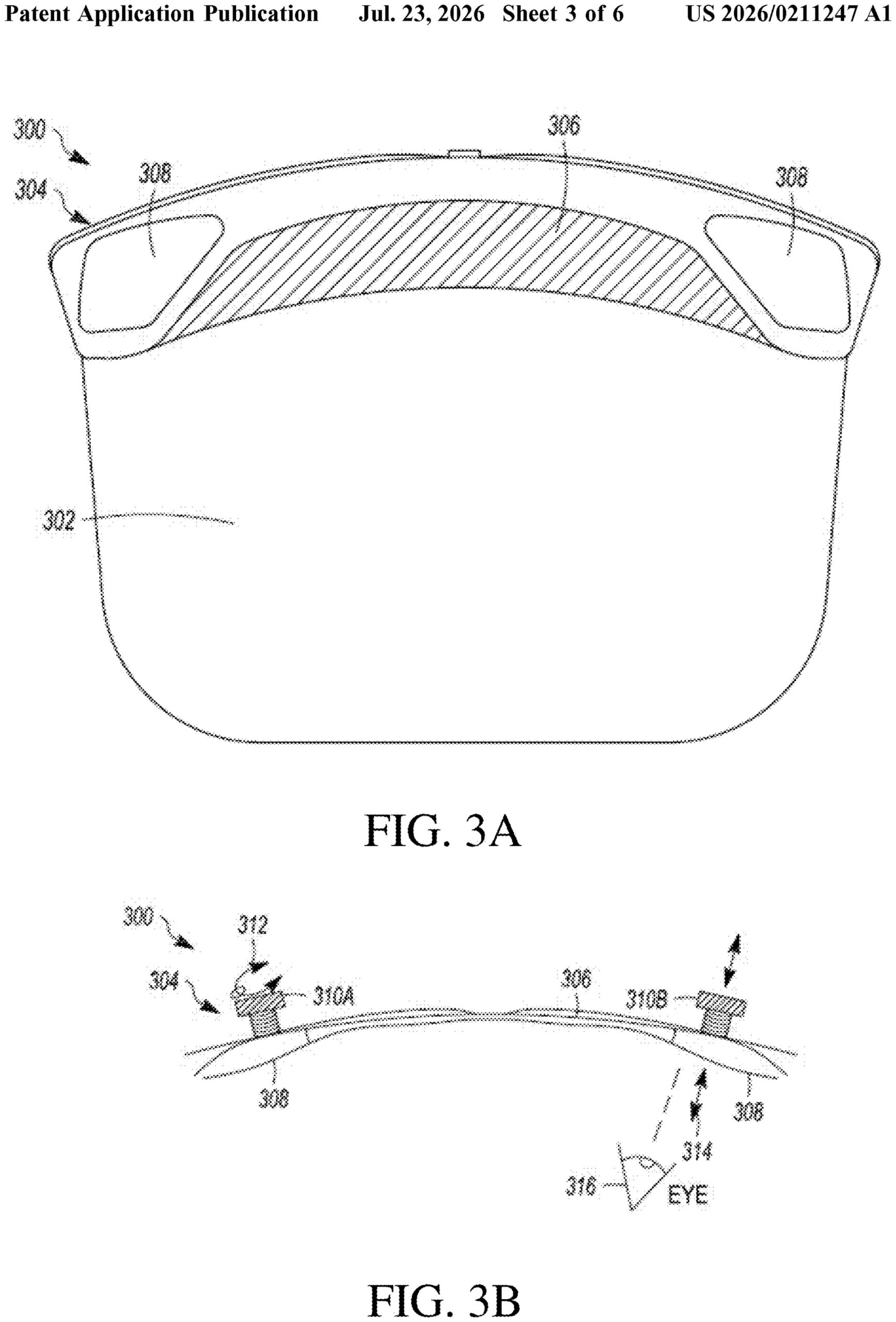 Technische Patentzeichnung (FIGURE 3A und 3B) eines Helmvisiers mit flexiblem Bildschirm und Linsen an beiden Enden, die ueber Verstellmechanismen individuell zum Auge des Nutzers justiert werden koennen. Aus der US-Patentanmeldung 2026/0211247 A1, Adjustable Helmet Display System.
