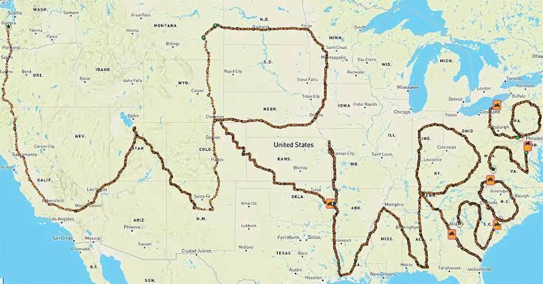 GPS-Zeichnung als Weltrekord: 21.860 Kilometer für vier Buchstaben 1 Landkarte der USA mit eingezeichneter GPS-Route der WR3-Ride-Weltrekordfahrt, mit markanten Schleifen durch mehrere Bundesstaaten