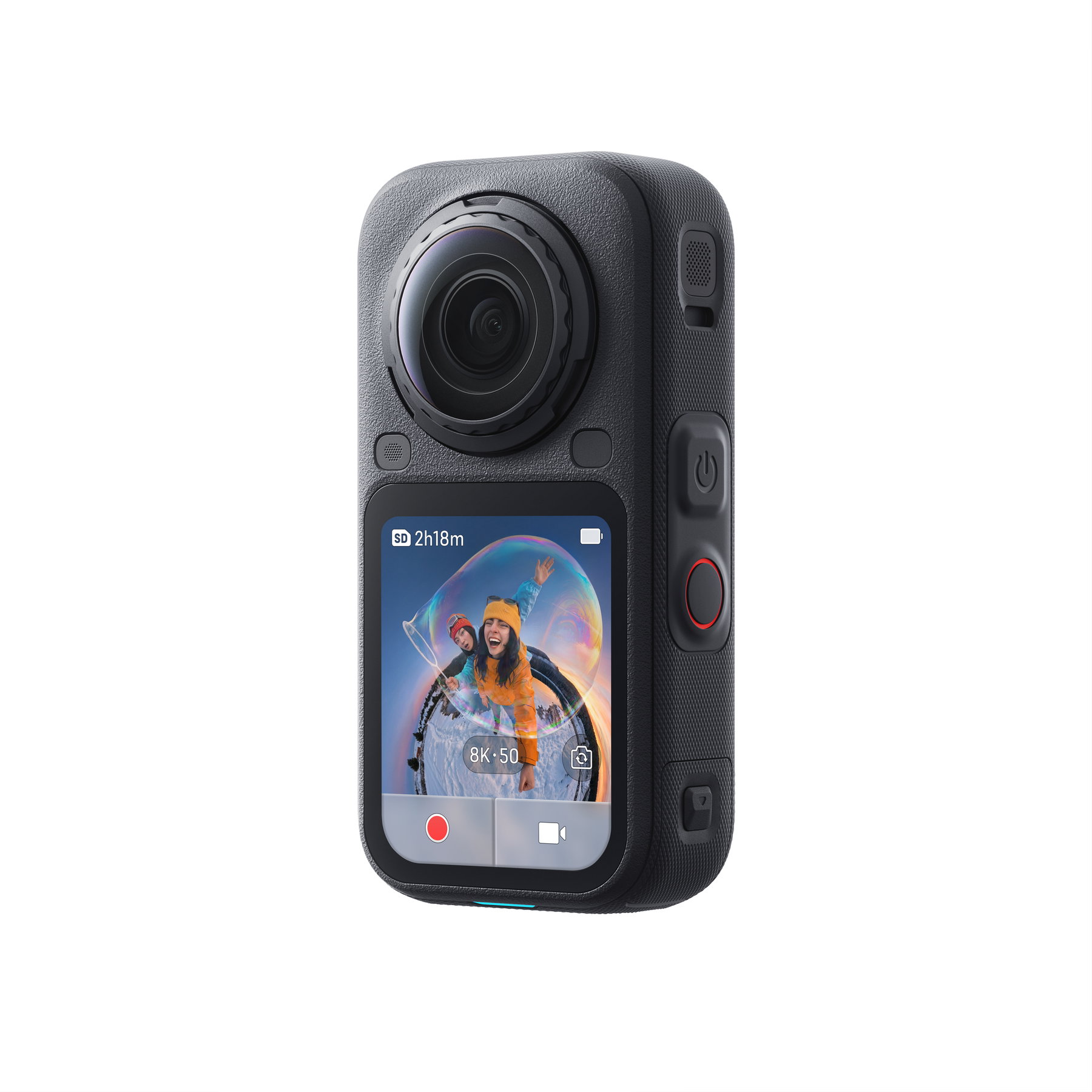 Insta360 X6 ab 699 Euro: Was die 8K-Kamera Motorradfahrern bringt 5 Insta360 X6 in Schwarz – Dreiviertelansicht mit Touchscreen, Aufnahmetaste und Bedienelementen