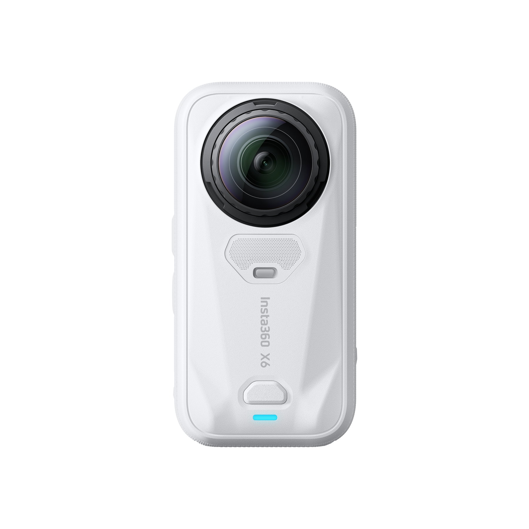 Insta360 X6 ab 699 Euro: Was die 8K-Kamera Motorradfahrern bringt 6 Insta360 X6 in Weiß – Frontansicht der 360-Grad-Kamera mit Objektiv, freigestellt vor weißem Hintergrund