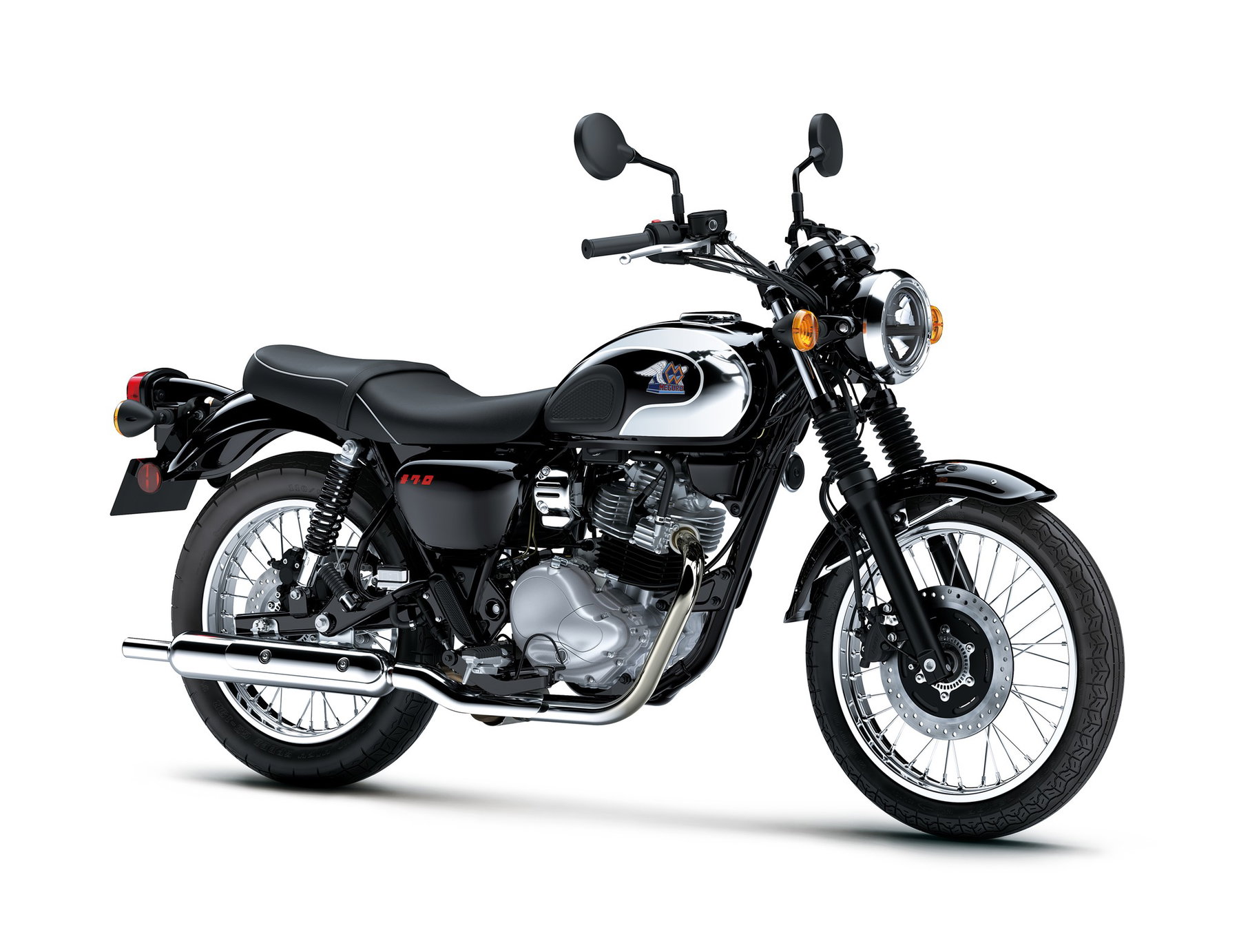 Kawasaki Meguro S1 2027 in Ebony – Dreiviertelansicht von vorn rechts mit luftgekühltem 233-cm³-Einzylinder, Rundscheinwerfer und verchromtem Tropfentank