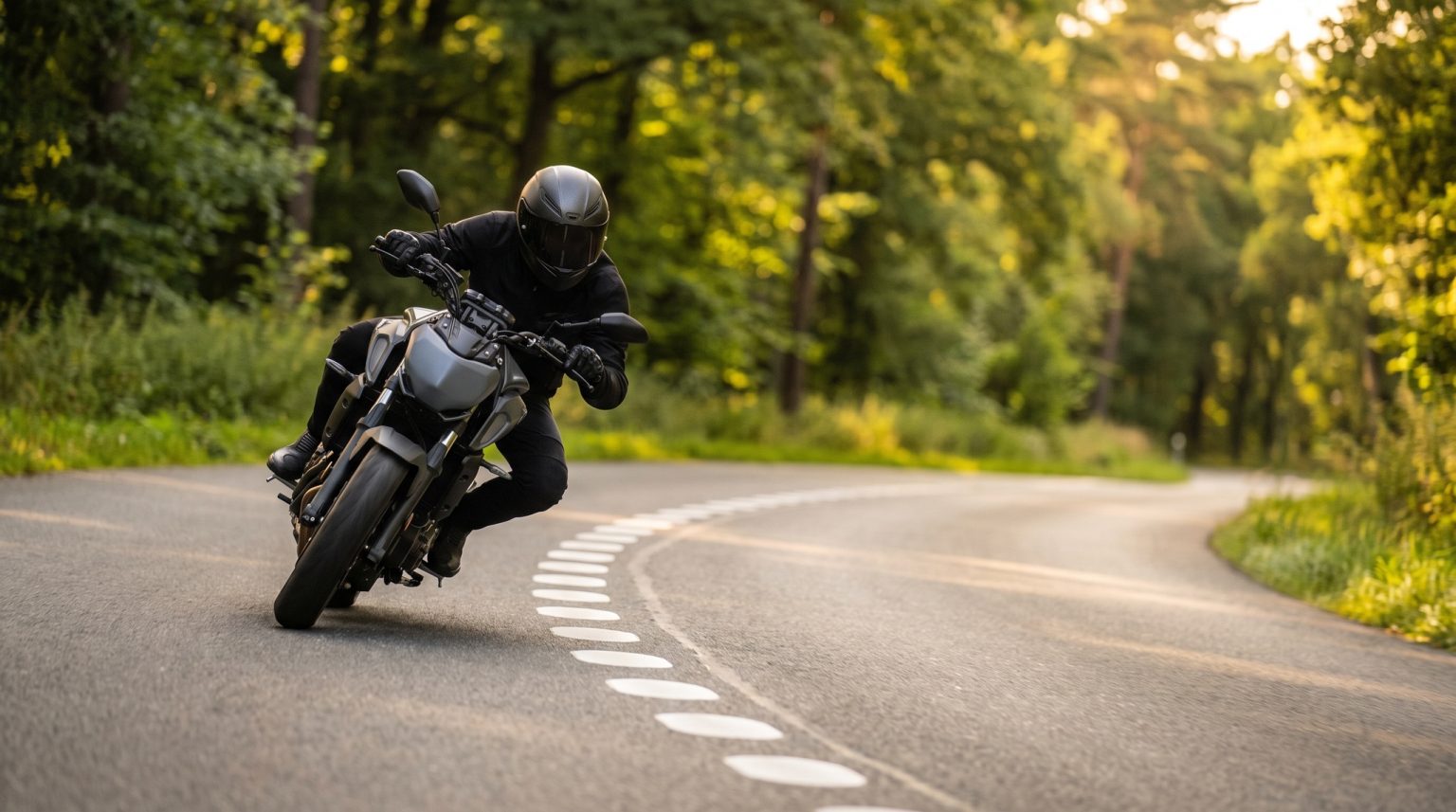 KI-generiertes Bild eines Motorradfahrers in Schraeglage, der rechts an einer Reihe weisser Ellipsen-Fahrbahnmarkierungen in einer Kurve vorbeifaehrt