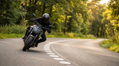KI-generiertes Bild eines Motorradfahrers in Schraeglage, der rechts an einer Reihe weisser Ellipsen-Fahrbahnmarkierungen in einer Kurve vorbeifaehrt
