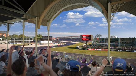 Offizielle Renderinggrafik der neuen Adelaide-MotoGP-Strecke 2027: Blick aus der denkmalgeschützten Tribüne (Heritage Stand) mit historischem schmiedeeisernem Vordach auf die Zielkurve, jubelnde computergenerierte Zuschauer im Vordergrund, im Hintergrund LED-Anzeigetafel mit Schriftzug Grand Prix of Australia-Adelaide 2027. Visualisierung, kein Foto.