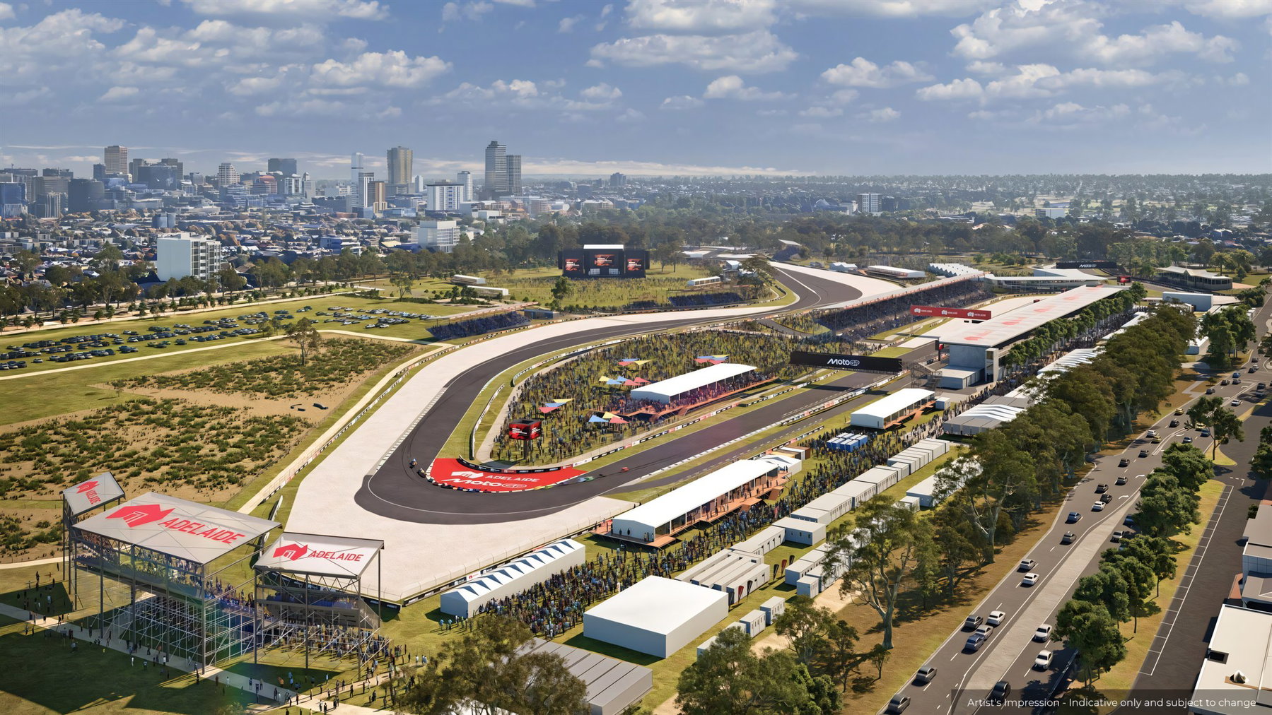 MotoGP Adelaide 2027: Neues Layout, drei Kurven weniger als geplant 1 Offizielle Renderinggrafik: Luftaufnahme der neuen Adelaide-MotoGP-Stadtstrecke 2027 mit Boxengebäude, Tribünen und Fahrerlager vor der Skyline von Adelaide, Motorräder in einer schnellen Kurve im Vordergrund. Visualisierung, kein Foto.