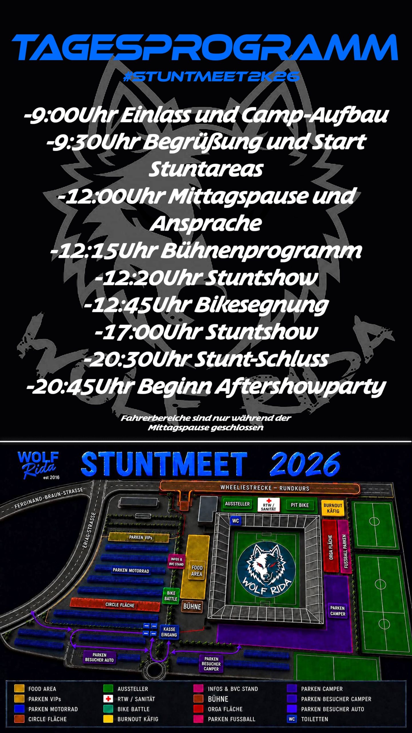 Stuntmeet – 2026 2 Stuntmeet 2026 Flyer Rückseite mit Tagesprogramm und Geländeplan des Audi-Sportparks