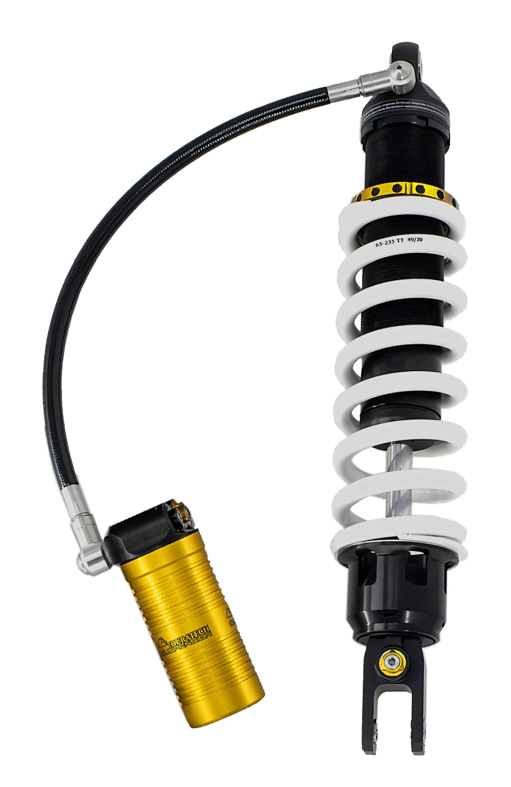 Touratech Suspension Extreme2 Federbein für KOVE 450 Rally – freigestelltes Produktfoto mit weißer Feder, schwarzem Dämpferkörper, goldenem Vorspannring und über Stahlflexleitung abgesetztem goldenem Ausgleichsbehälter