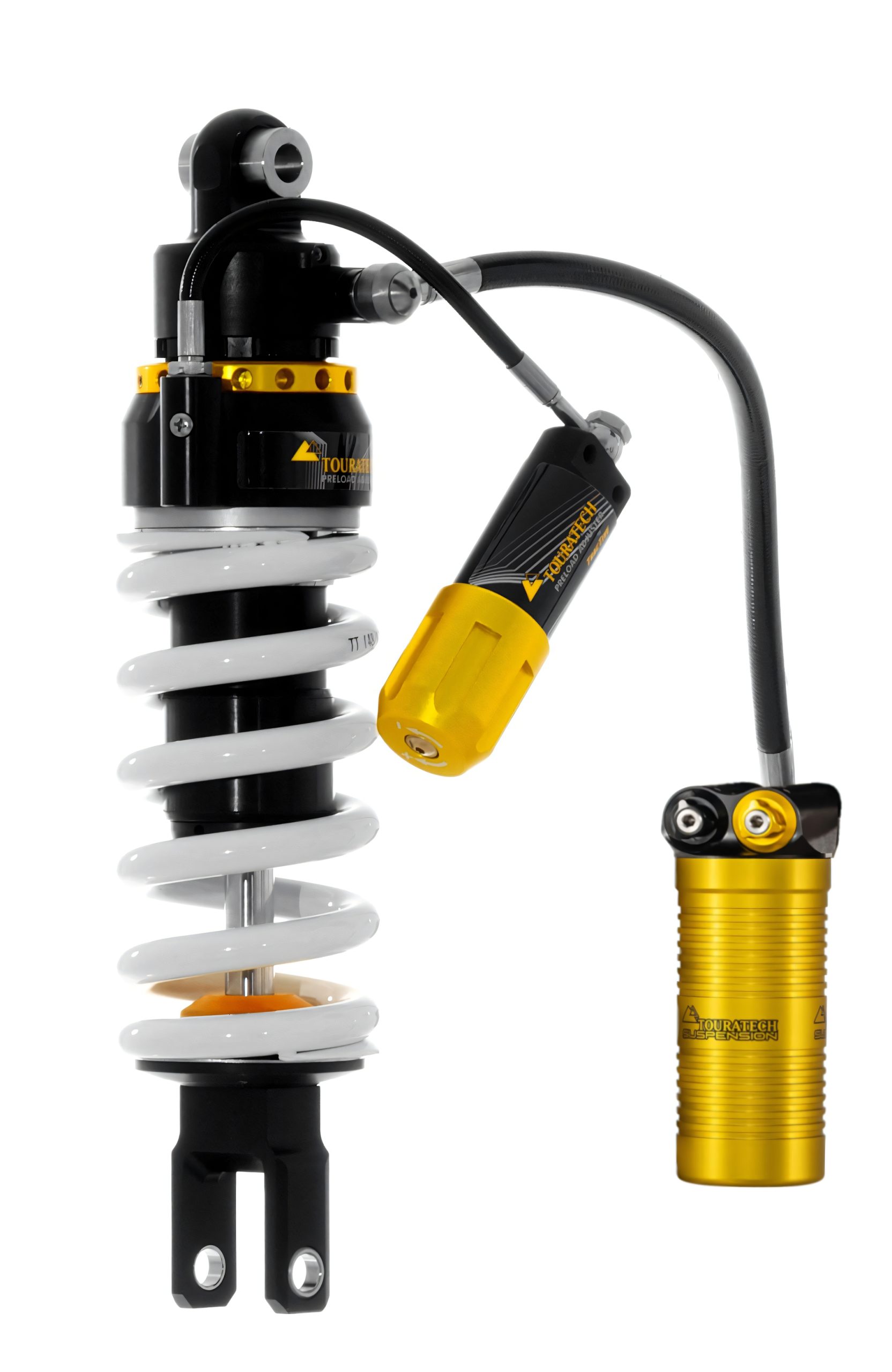 Touratech Suspension Extreme2 Federbein für KOVE 800X Pro – freigestelltes Produktfoto mit weißer Feder, goldenem Vorspannring, hydraulischem Federvorspannungs-Versteller in Gold-Schwarz und separatem goldenem Ausgleichsbehälter
