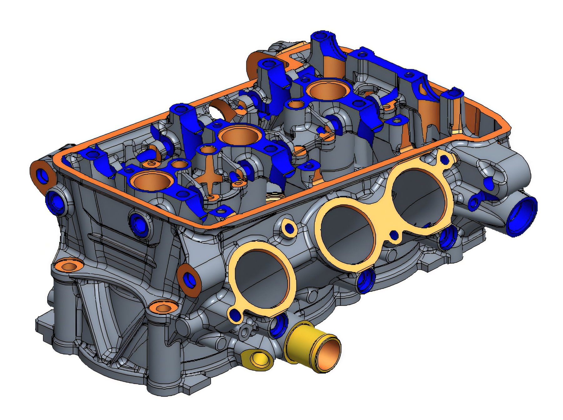 Triumph Moto2 Engine 2027: More Power Forces New Chassis 1 Triumph Moto2 Rennmotor 2027 – CAD-Darstellung des neuen Zylinderkopfs mit farblich hervorgehobenem Low-Inertia-Ventiltrieb, strömungsoptimierten Ein- und Auslasskanälen und neu gestaltetem Brennraum