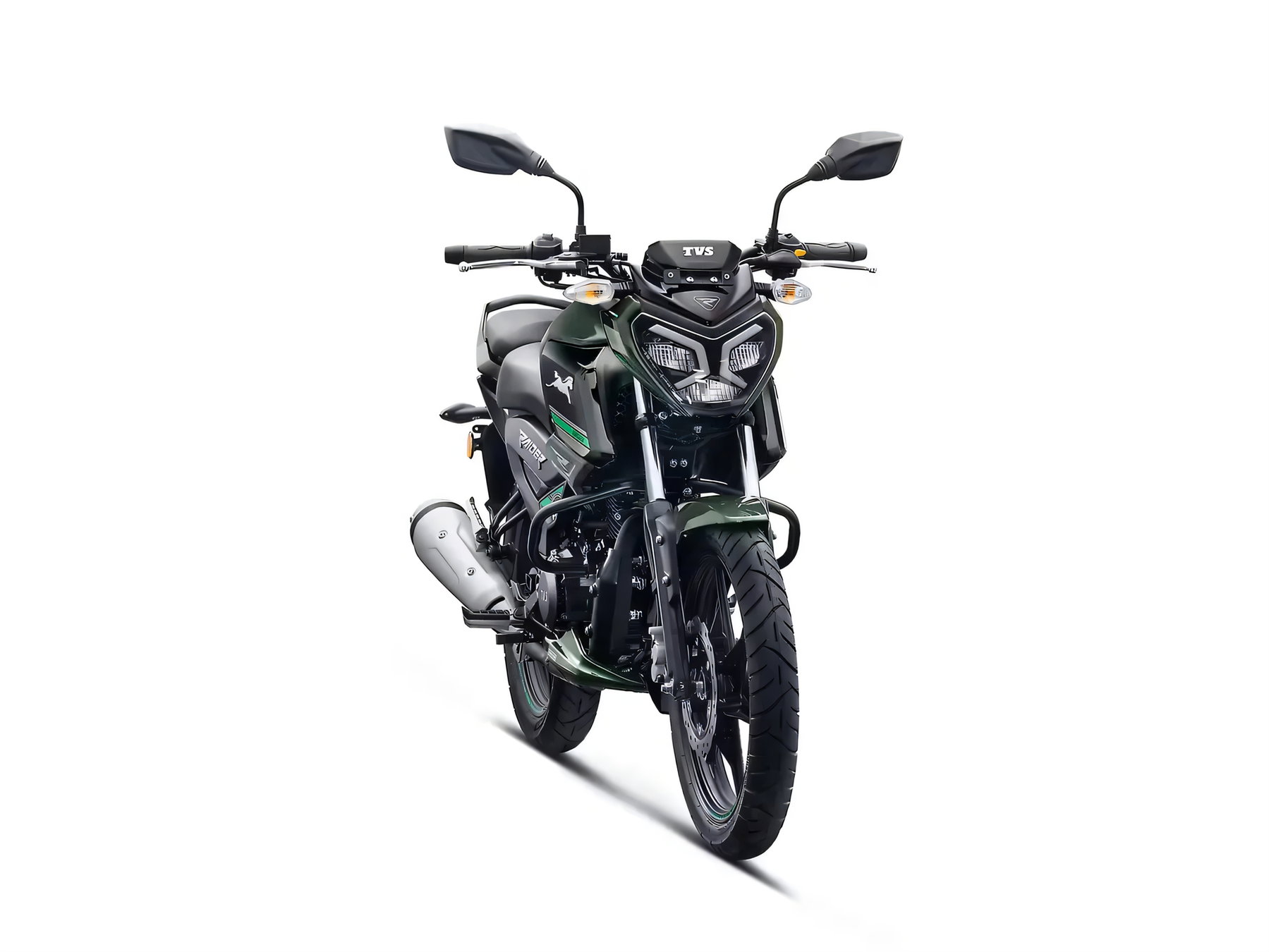 TVS Raider Doctor Doom: Marvel-Bösewicht statt Superheld auf dem 125er 3 TVS Raider Doctor Doom Edition 2026 - Frontalansicht mit maskenfoermiger LED-Scheinwerfereinheit und schwarzem Cockpit, Studioaufnahme auf weissem Hintergrund