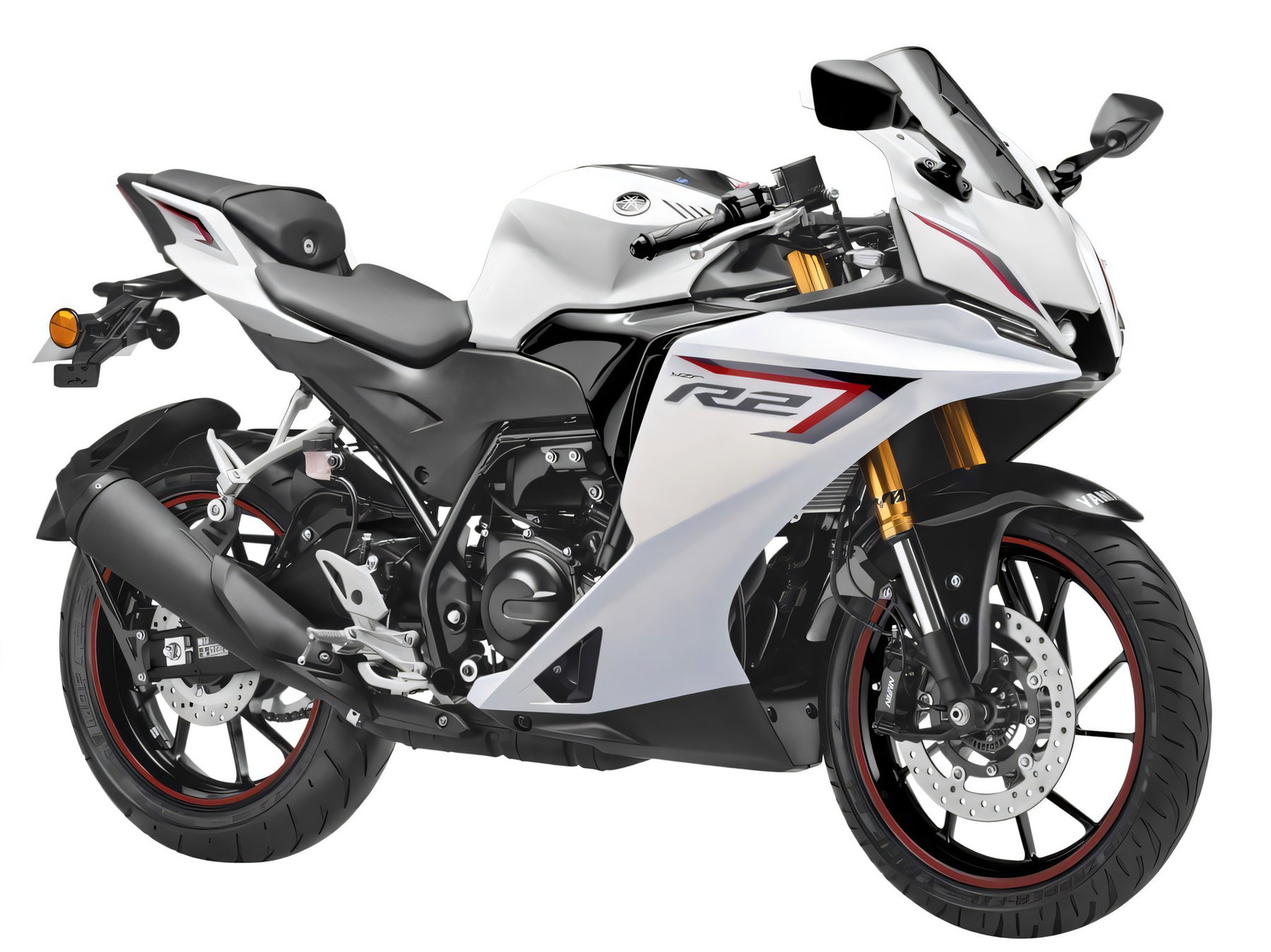 Yamaha R2 startet in Indien: Was das für den Europa-Markt bedeutet 7 Yamaha YZF-R2 in Matte White Pearl mit schwarzen und roten Akzenten, Studioaufnahme rechte Seite schraeg von vorne