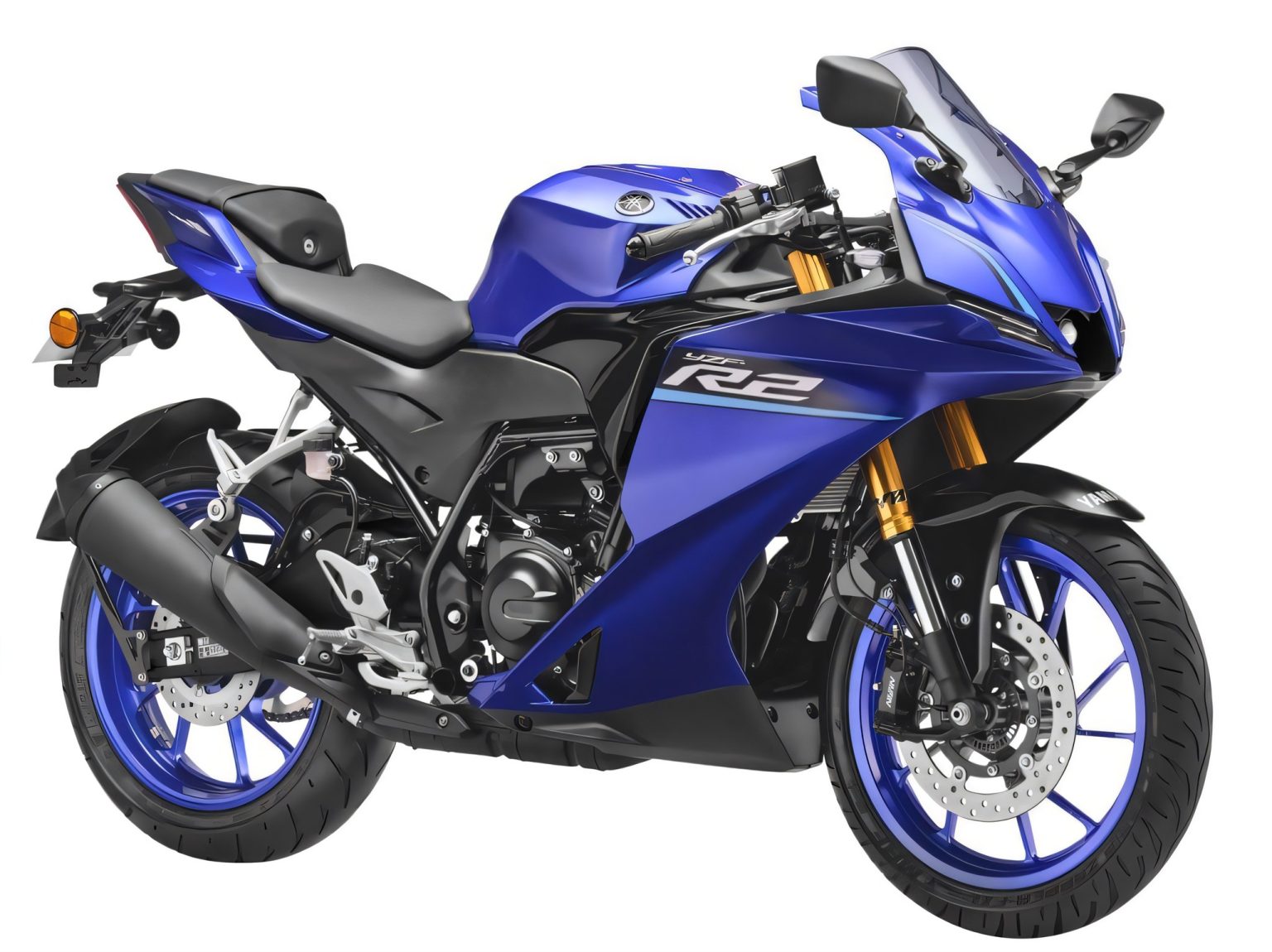 Yamaha R2 startet in Indien: Was das für den Europa-Markt bedeutet Yamaha YZF-R2 in Racing Blue mit blauen Felgen, Studioaufnahme rechte Seite schraeg von vorne